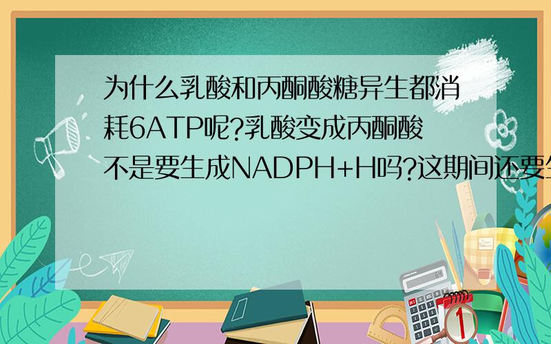 为什么乳酸和丙酮酸糖异生都消耗6ATP呢?乳酸变成丙酮酸不是要生成NADPH+H吗?这期间还要生成能量的呀