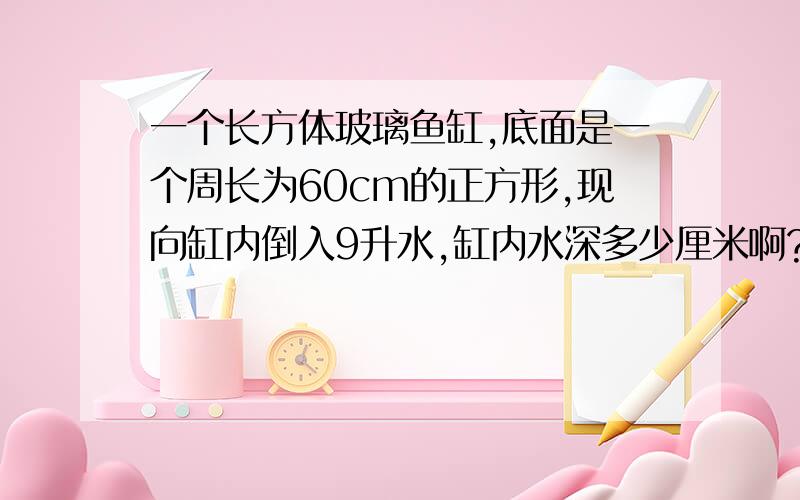 一个长方体玻璃鱼缸,底面是一个周长为60cm的正方形,现向缸内倒入9升水,缸内水深多少厘米啊?