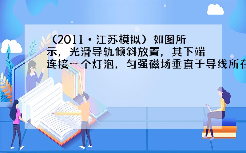 （2011•江苏模拟）如图所示，光滑导轨倾斜放置，其下端连接一个灯泡，匀强磁场垂直于导线所在平面，当ab棒下滑到稳定状态