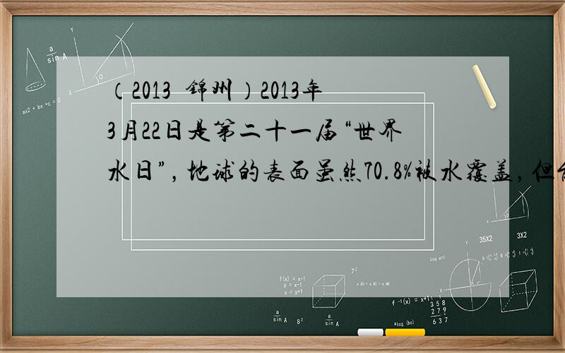 （2013•锦州）2013年3月22日是第二十一届“世界水日”，地球的表面虽然70.8%被水覆盖，但能供人类使用的淡水资