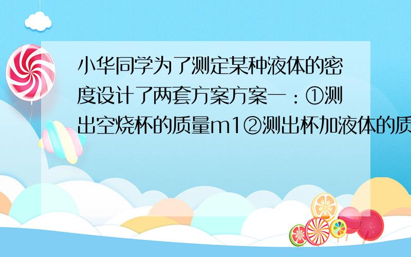 小华同学为了测定某种液体的密度设计了两套方案方案一：①测出空烧杯的质量m1②测出杯加液体的质量m2③计算液体的质量m2-