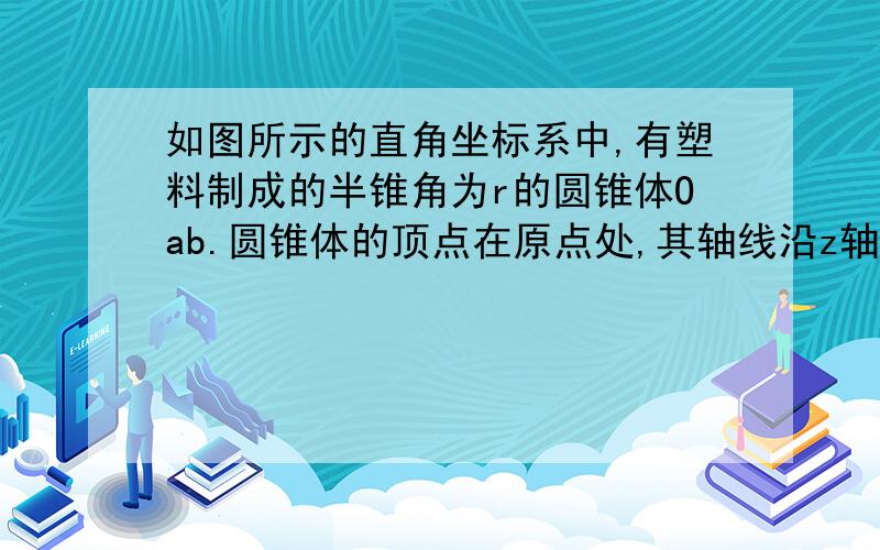 如图所示的直角坐标系中,有塑料制成的半锥角为r的圆锥体Oab.圆锥体的顶点在原点处,其轴线沿z轴方向.有一条长为L的细金