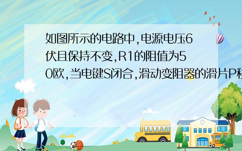 如图所示的电路中,电源电压6伏且保持不变,R1的阻值为50欧,当电键S闭合,滑动变阻器的滑片P移到中点时,电流表的示数为