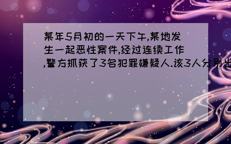 某年5月初的一天下午,某地发生一起恶性案件,经过连续工作,警方抓获了3名犯罪嫌疑人.该3人分别出示了事发时他们不在现场的