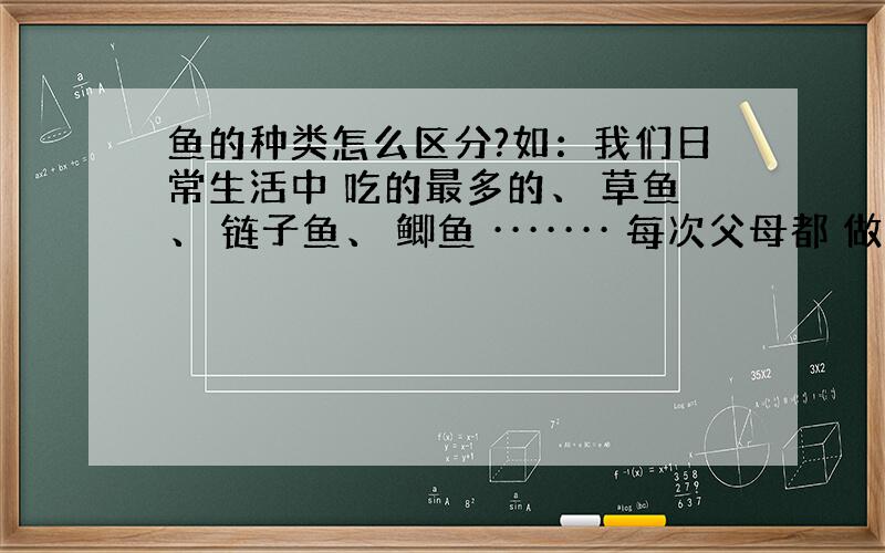 鱼的种类怎么区分?如：我们日常生活中 吃的最多的、 草鱼、 链子鱼、 鲫鱼 ······· 每次父母都 做好了、给我吃、