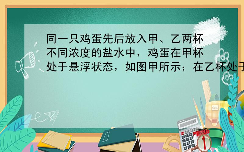 同一只鸡蛋先后放入甲、乙两杯不同浓度的盐水中，鸡蛋在甲杯处于悬浮状态，如图甲所示；在乙杯处于漂浮状态，如图乙所示.可以肯