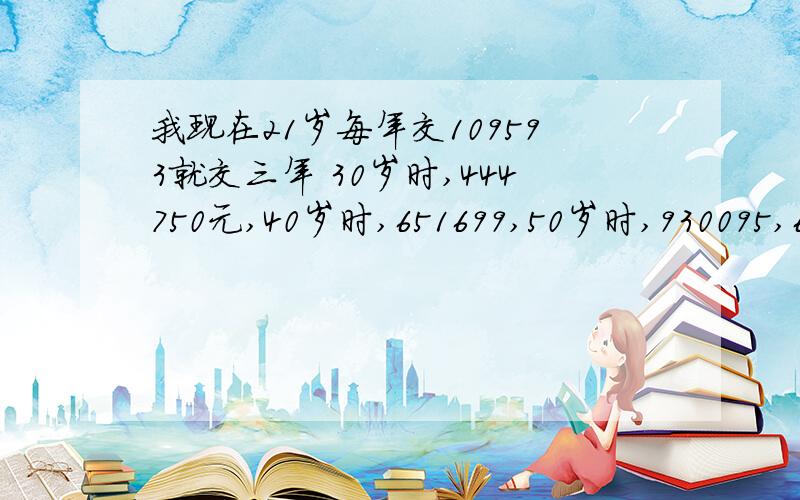 我现在21岁每年交109593就交三年 30岁时,444750元,40岁时,651699,50岁时,930095,60岁