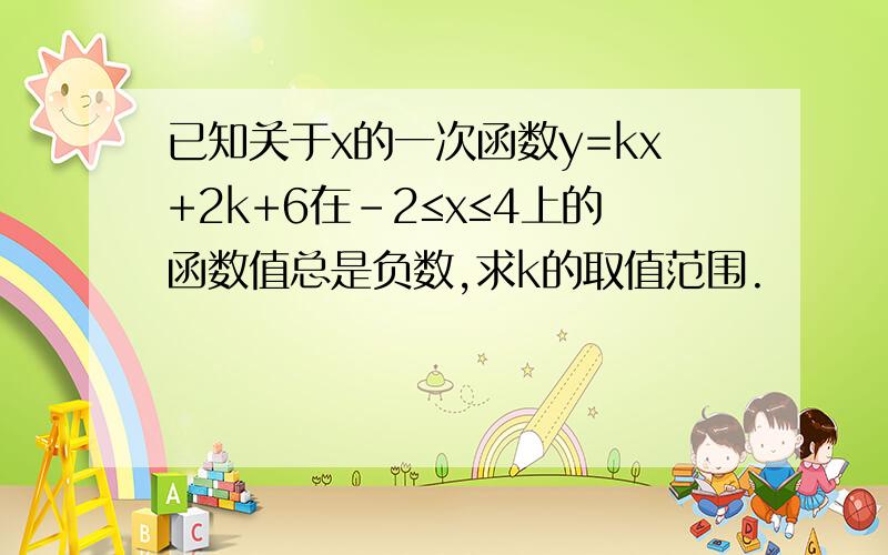 已知关于x的一次函数y=kx+2k+6在-2≤x≤4上的函数值总是负数,求k的取值范围.