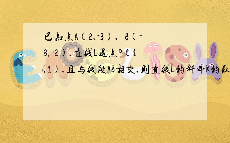 已知点A(2,-3)、B(-3,-2).直线L过点P(1,1),且与线段AB相交,则直线L的斜率K的取值范围是