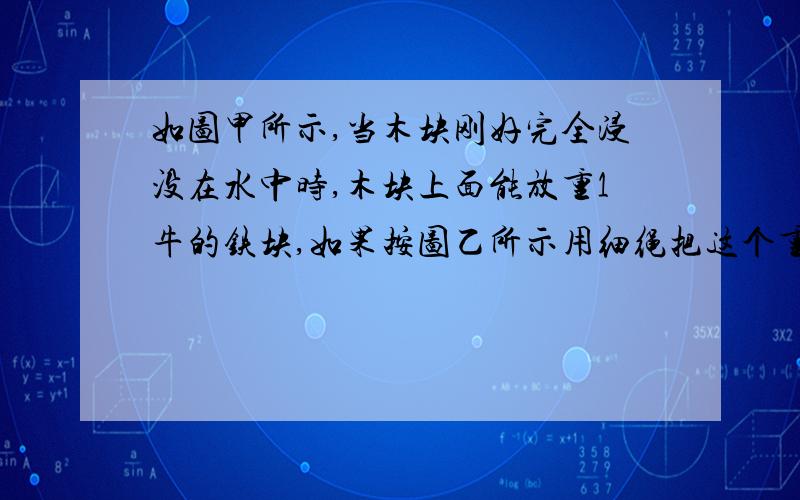 如图甲所示,当木块刚好完全浸没在水中时,木块上面能放重1牛的铁块,如果按图乙所示用细绳把这个重1牛的铁块