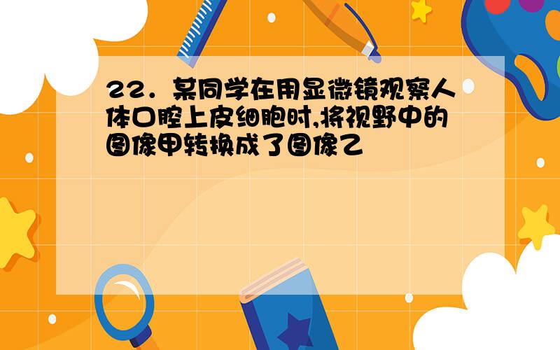 22．某同学在用显微镜观察人体口腔上皮细胞时,将视野中的图像甲转换成了图像乙