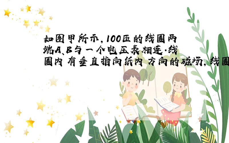 如图甲所示，100匝的线圈两端A、B与一个电压表相连．线圈内有垂直指向纸内方向的磁场，线圈中的磁通量按图乙所示规律变化．