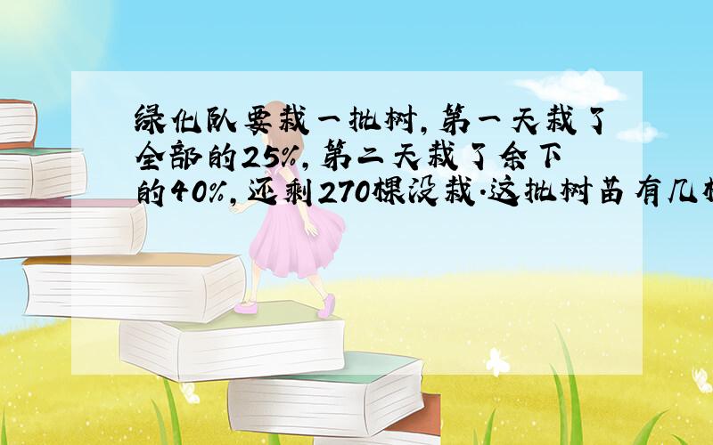 绿化队要栽一批树,第一天栽了全部的25%,第二天栽了余下的40%,还剩270棵没栽.这批树苗有几棵?