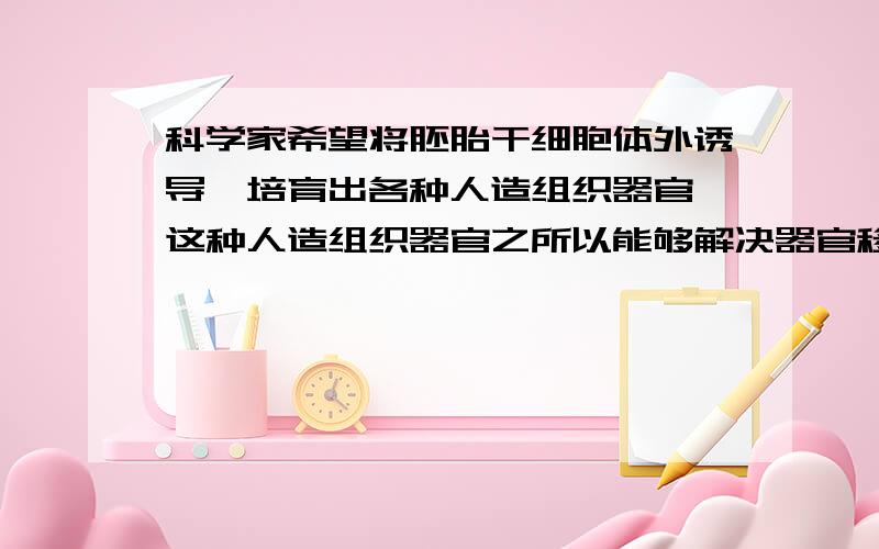 科学家希望将胚胎干细胞体外诱导,培育出各种人造组织器官,这种人造组织器官之所以能够解决器官移植后免疫排斥问题根本原因是_