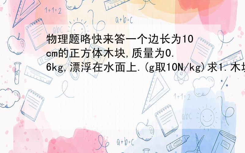 物理题咯快来答一个边长为10cm的正方体木块,质量为0.6kg,漂浮在水面上.(g取10N/kg)求1.木块受到的浮力2