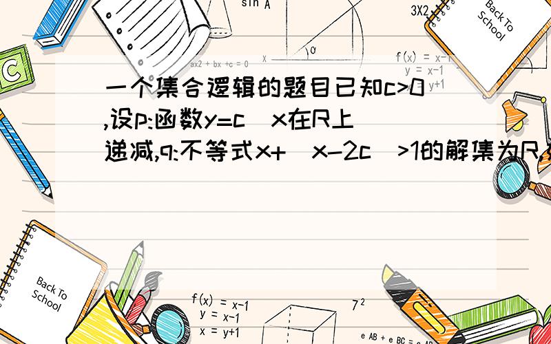 一个集合逻辑的题目已知c>0,设p:函数y=c^x在R上递减,q:不等式x+|x-2c|>1的解集为R,如果