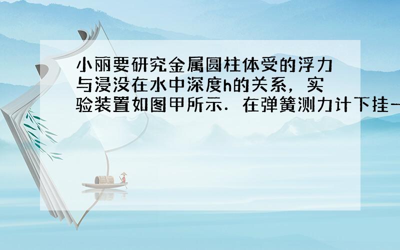 小丽要研究金属圆柱体受的浮力与浸没在水中深度h的关系，实验装置如图甲所示．在弹簧测力计下挂一个金属圆柱体，测出金属圆柱体