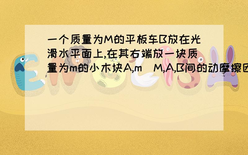 一个质量为M的平板车B放在光滑水平面上,在其右端放一块质量为m的小木块A,m〈M,A,B间的动摩擦因数为μ