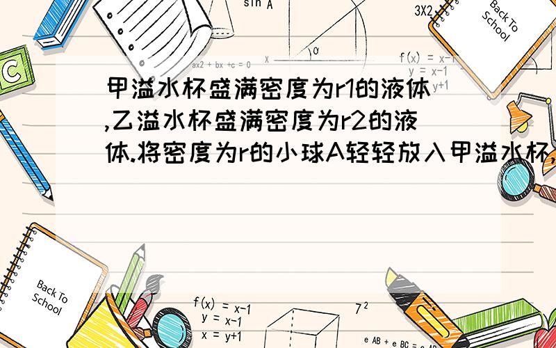 甲溢水杯盛满密度为r1的液体,乙溢水杯盛满密度为r2的液体.将密度为r的小球A轻轻放入甲溢水杯,小球A浸没在液体中,甲溢