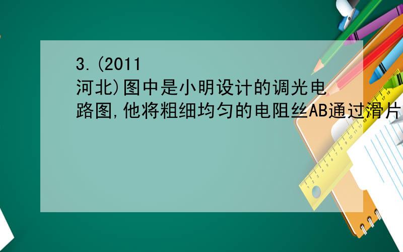 3.(2011•河北)图中是小明设计的调光电路图,他将粗细均匀的电阻丝AB通过滑片P连入电路,小