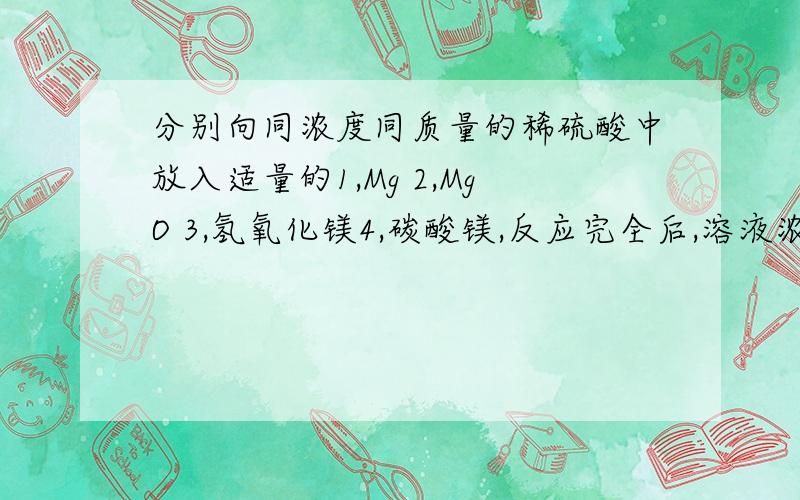 分别向同浓度同质量的稀硫酸中放入适量的1,Mg 2,MgO 3,氢氧化镁4,碳酸镁,反应完全后,溶液浓度相同的是