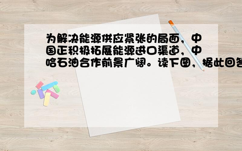 为解决能源供应紧张的局面，中国正积极拓展能源进口渠道，中哈石油合作前景广阔。读下图，据此回答下列各题。