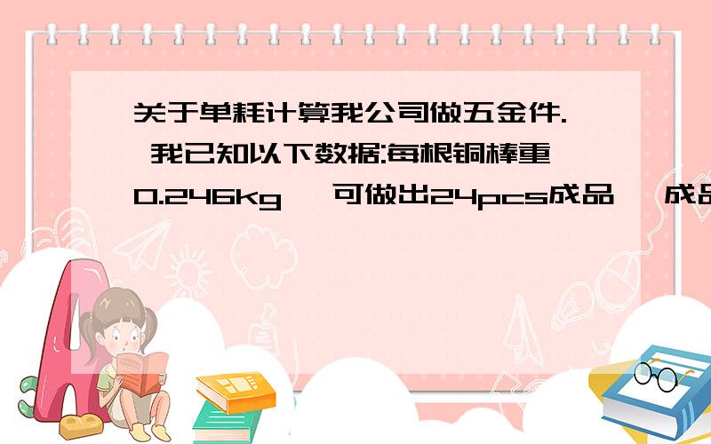 关于单耗计算我公司做五金件. 我已知以下数据:每根铜棒重0.246kg, 可做出24pcs成品, 成品单重0.0086k