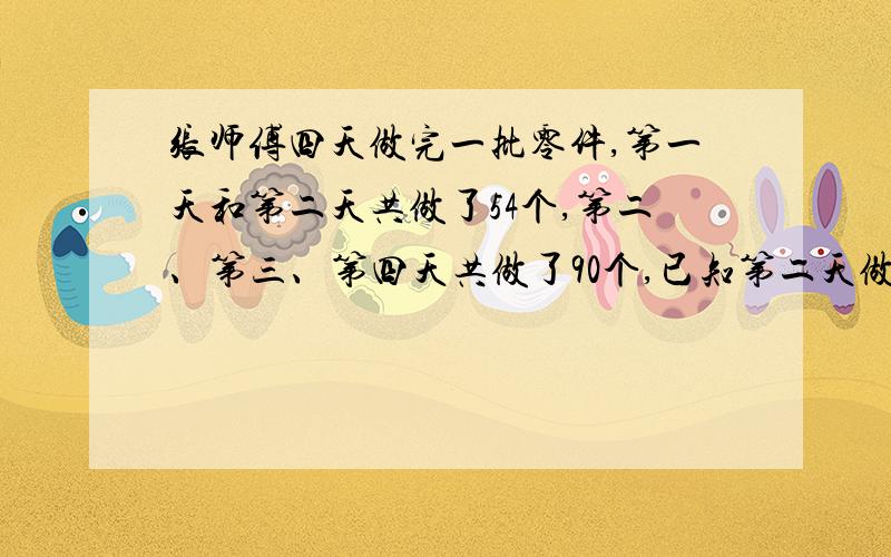 张师傅四天做完一批零件,第一天和第二天共做了54个,第二、第三、第四天共做了90个,已知第二天做的占这批零件的五分之一.