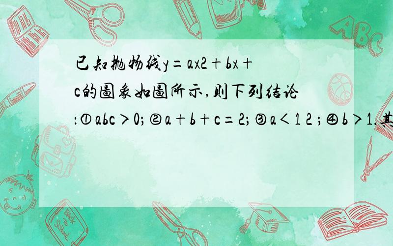 已知抛物线y=ax2+bx+c的图象如图所示,则下列结论：①abc＞0；②a+b+c=2；③a＜1 2 ；④b＞1．其中