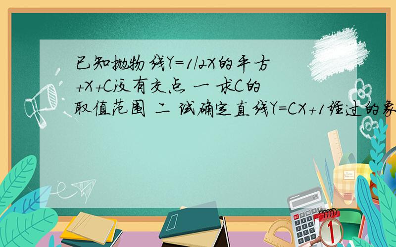 已知抛物线Y=1/2X的平方＋X+C没有交点 一 求C的取值范围 二 试确定直线Y=CX+1经过的象限,并说明...