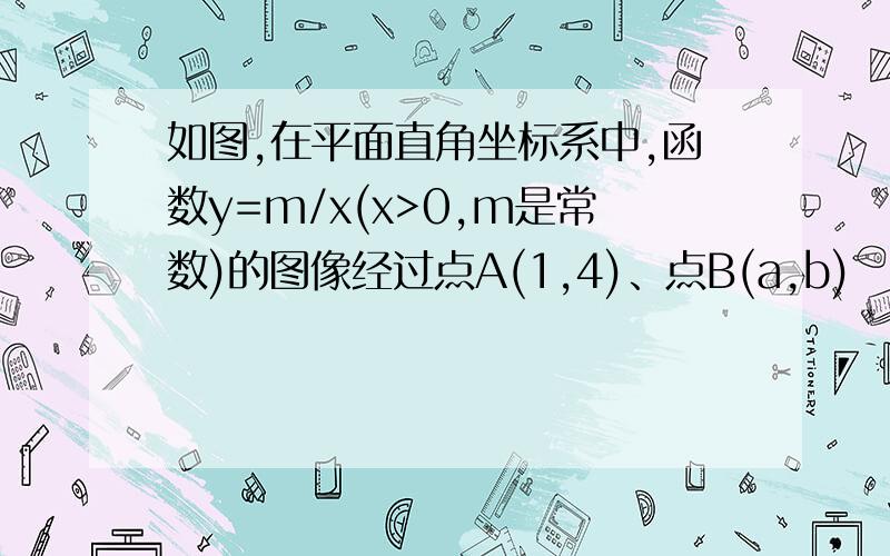 如图,在平面直角坐标系中,函数y=m/x(x>0,m是常数)的图像经过点A(1,4)、点B(a,b)