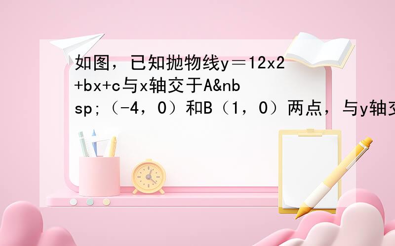 如图，已知抛物线y＝12x2+bx+c与x轴交于A （-4，0）和B（1，0）两点，与y轴交于C点．