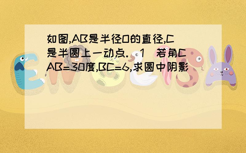 如图,AB是半径O的直径,C是半圆上一动点.（1）若角CAB=30度,BC=6,求圆中阴影