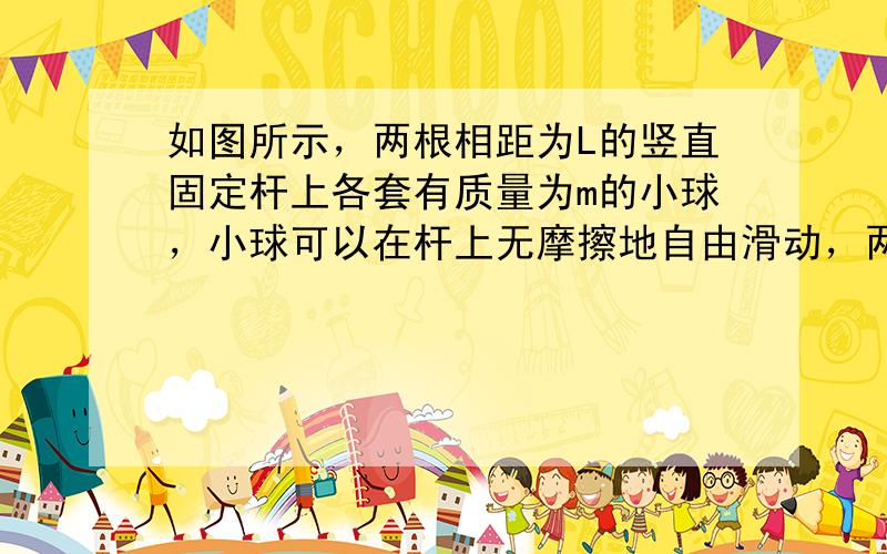 如图所示，两根相距为L的竖直固定杆上各套有质量为m的小球，小球可以在杆上无摩擦地自由滑动，两球用长为2L的轻绳相连，今在