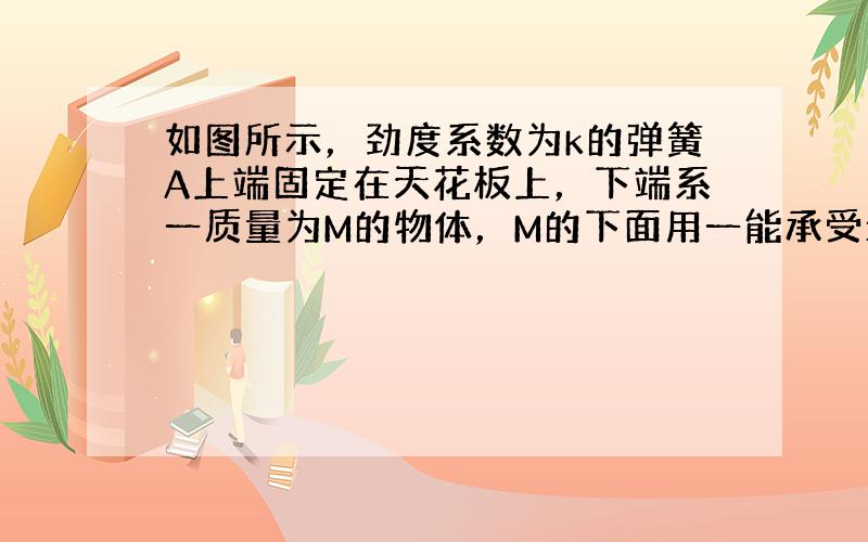 如图所示，劲度系数为k的弹簧A上端固定在天花板上，下端系一质量为M的物体，M的下面用一能承受最大拉力T=1.5mg的细线