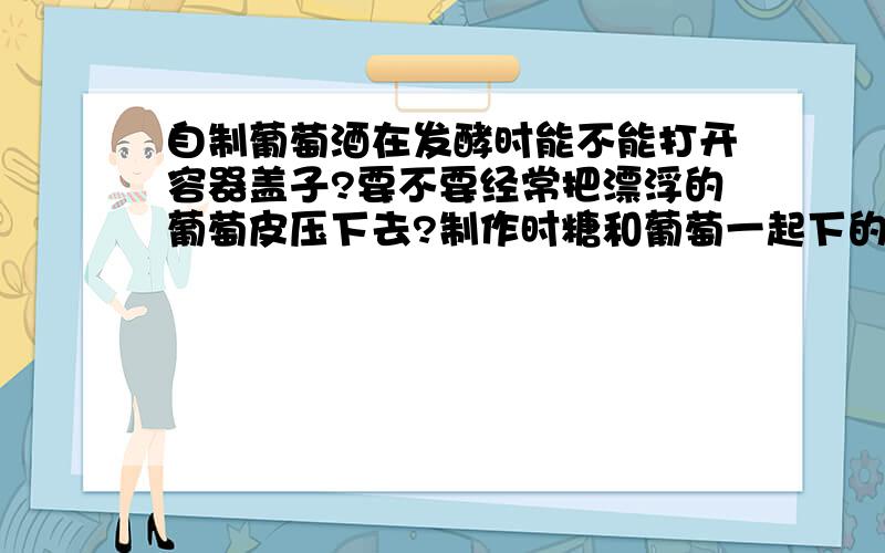 自制葡萄酒在发酵时能不能打开容器盖子?要不要经常把漂浮的葡萄皮压下去?制作时糖和葡萄一起下的.