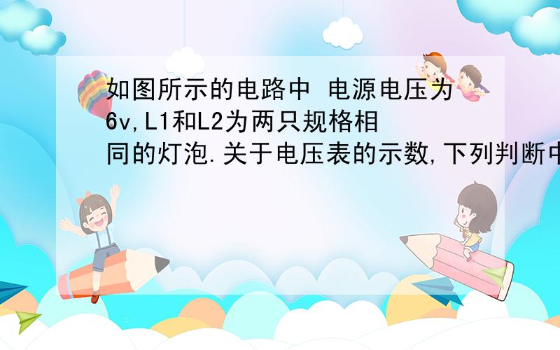 如图所示的电路中 电源电压为6v,L1和L2为两只规格相同的灯泡.关于电压表的示数,下列判断中正确的是