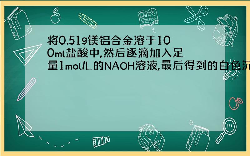 将0.51g镁铝合金溶于100ml盐酸中,然后逐滴加入足量1mol/L的NAOH溶液,最后得到的白色沉淀质量为0.87g