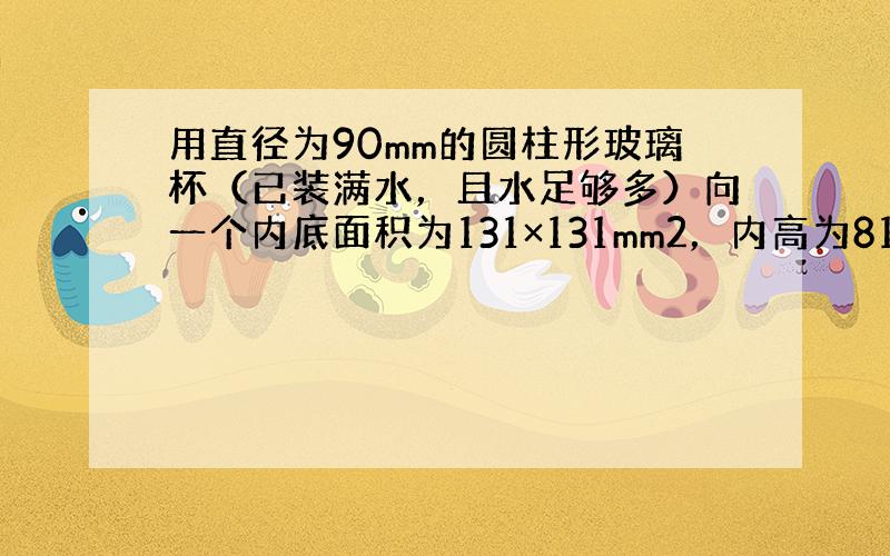 用直径为90mm的圆柱形玻璃杯（已装满水，且水足够多）向一个内底面积为131×131mm2，内高为81mm的长方体铁盒倒