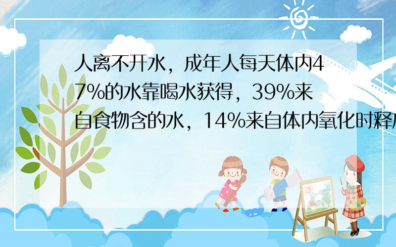 人离不开水，成年人每天体内47%的水靠喝水获得，39%来自食物含的水，14%来自体内氧化时释放出来的水.最适合选用（