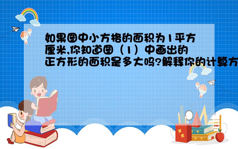 如果图中小方格的面积为1平方厘米,你知道图（1）中画出的正方形的面积是多大吗?解释你的计算方法.