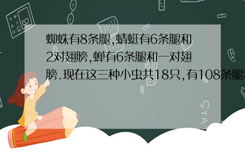 蜘蛛有8条腿,蜻蜓有6条腿和2对翅膀,蝉有6条腿和一对翅膀.现在这三种小虫共18只,有108条腿和20对翅膀.