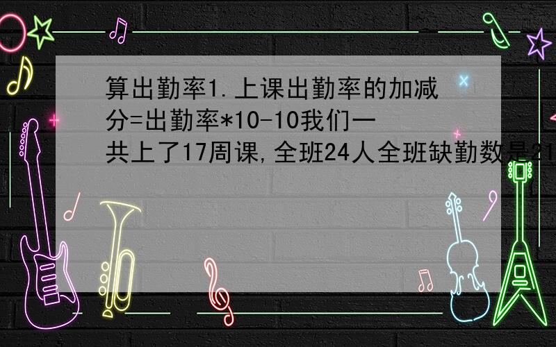 算出勤率1.上课出勤率的加减分=出勤率*10-10我们一共上了17周课,全班24人全班缺勤数是214节上课出勤率的加减分