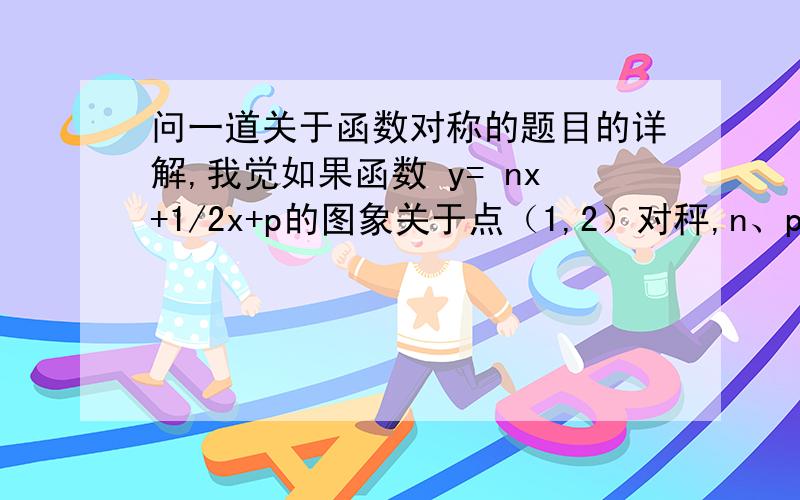 问一道关于函数对称的题目的详解,我觉如果函数 y= nx+1/2x+p的图象关于点（1,2）对秤,n、p分别是多少?