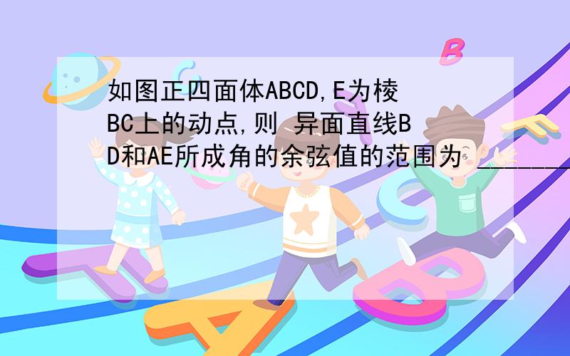 如图正四面体ABCD,E为棱BC上的动点,则 异面直线BD和AE所成角的余弦值的范围为 _______．