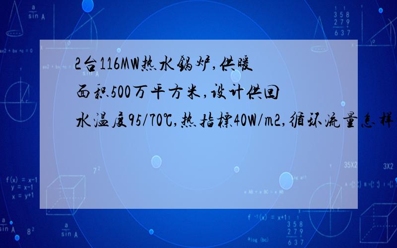 2台116MW热水锅炉,供暖面积500万平方米,设计供回水温度95/70℃,热指标40W/m2,循环流量怎样计算?