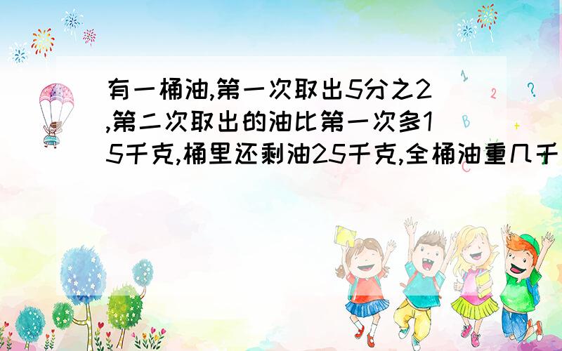 有一桶油,第一次取出5分之2,第二次取出的油比第一次多15千克,桶里还剩油25千克,全桶油重几千克? 列方程