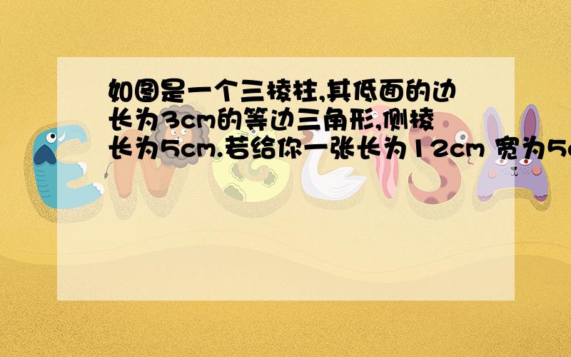 如图是一个三棱柱,其低面的边长为3cm的等边三角形,侧棱长为5cm.若给你一张长为12cm 宽为5cm的长方形纸片.