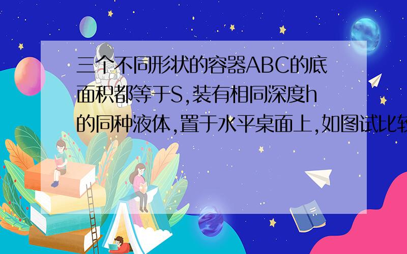 三个不同形状的容器ABC的底面积都等于S,装有相同深度h的同种液体,置于水平桌面上,如图试比较：