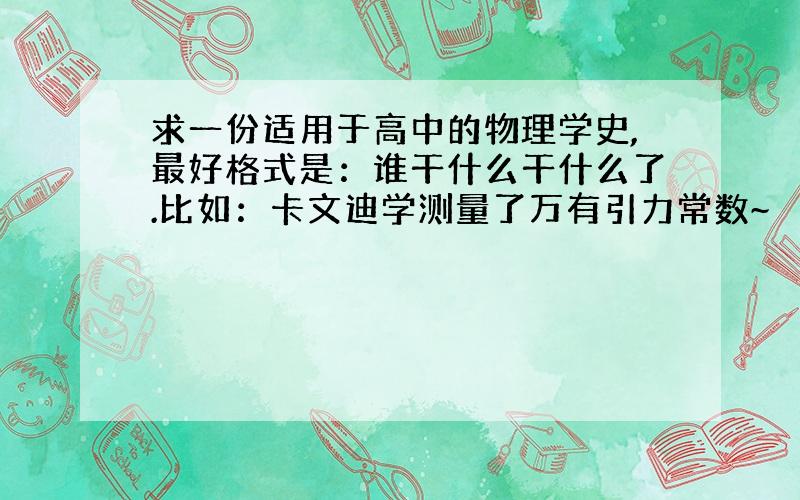 求一份适用于高中的物理学史,最好格式是：谁干什么干什么了.比如：卡文迪学测量了万有引力常数~